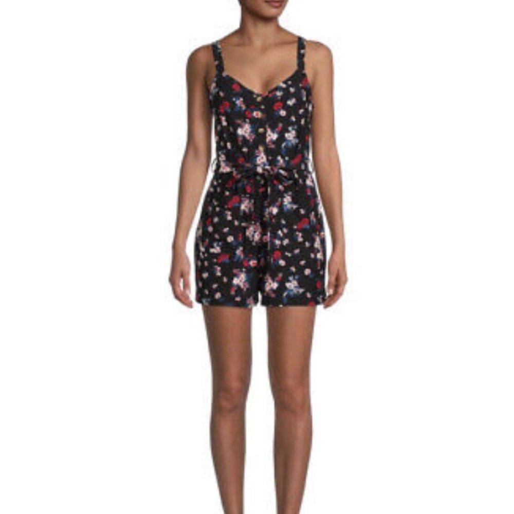 Black Flower Floral Summer Spring Romper Beltef Pockets Buttons 3-5 Small